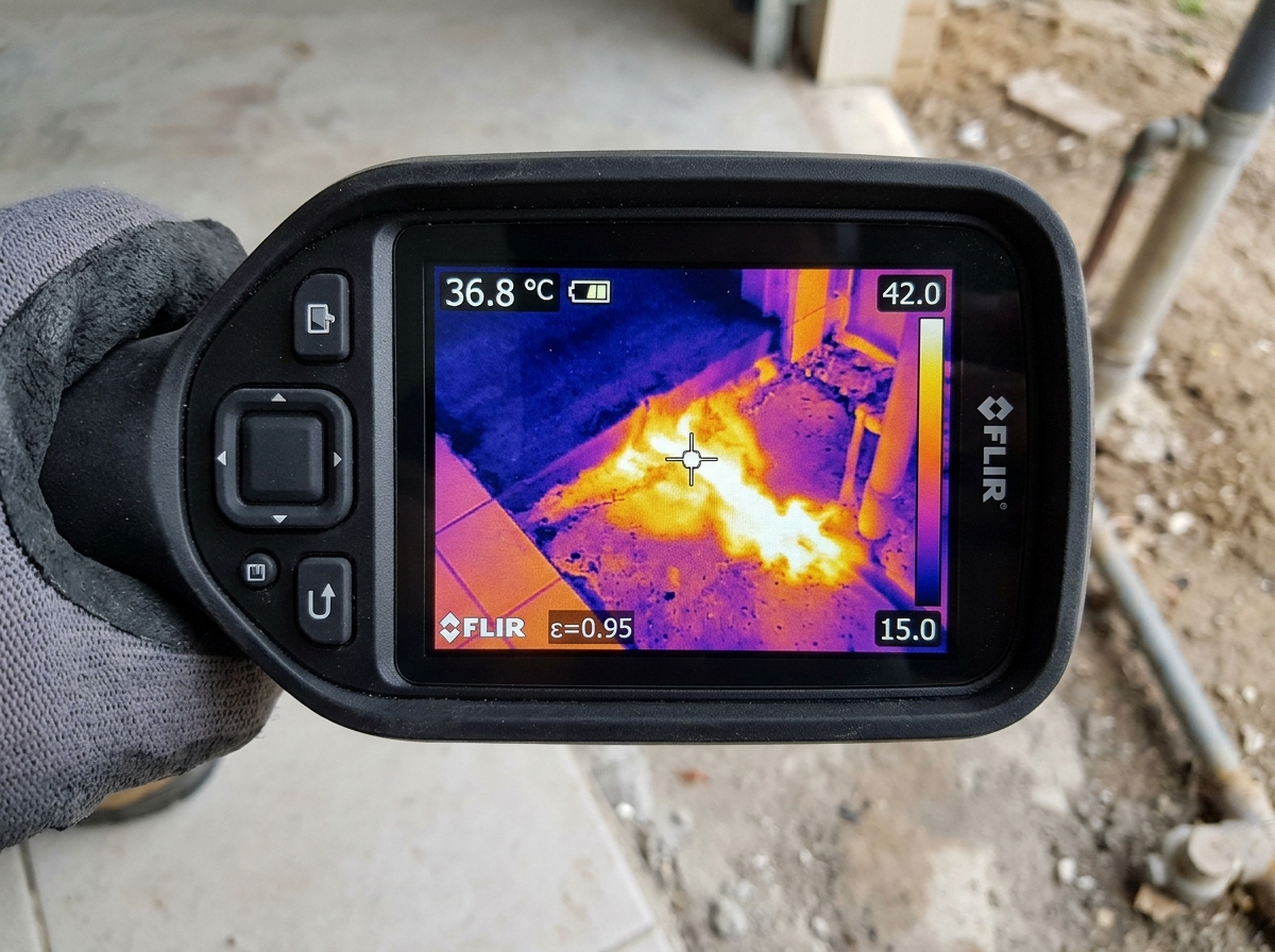 Thermal imaging camera scanning a warm spot on floor tile indicating a hot water slab leak in Rio Rancho