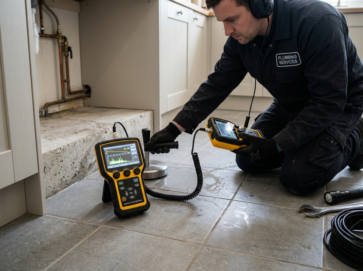 Plumbing technician compiling diagnostic inspection report and thermal photos for an insurance claim in Rio Rancho