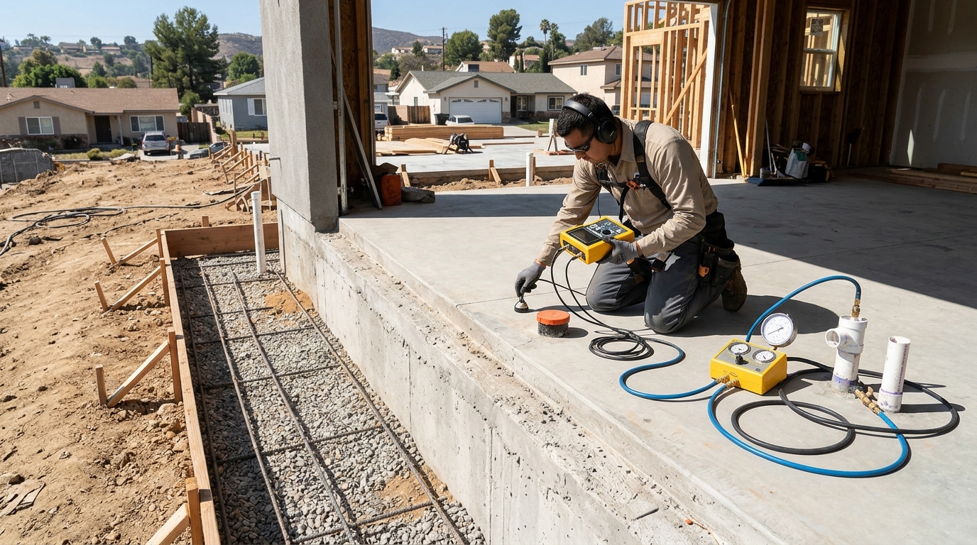 Plumber inspecting a residential slab foundation for pressurized water leaks in Rio Rancho